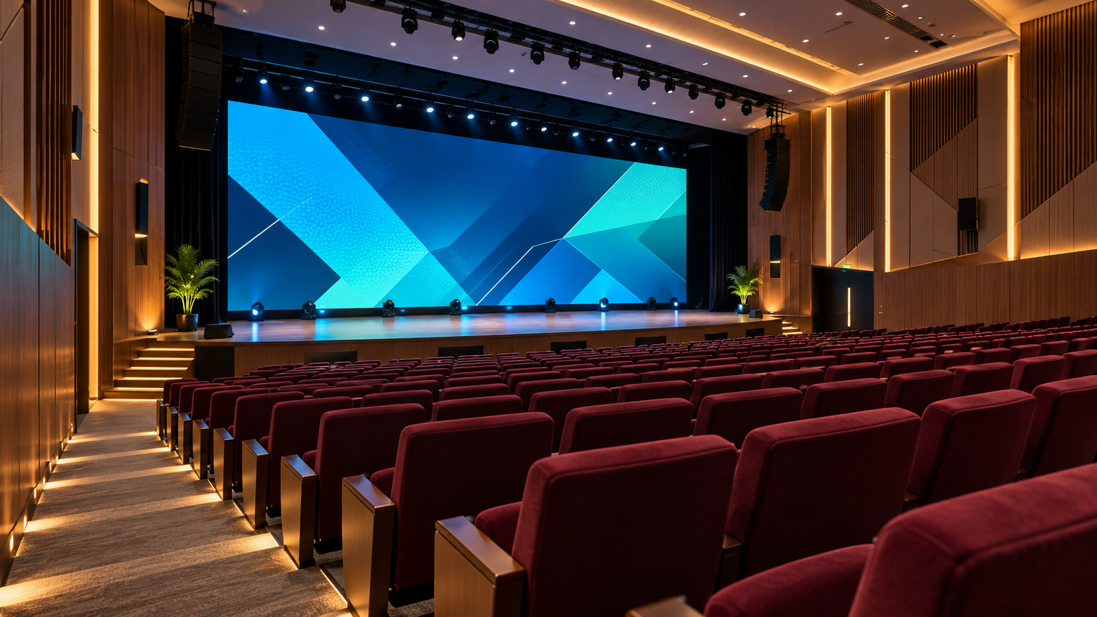 Concept illustration of an auditorium SMD screen above a stage with rows of burgundy seats