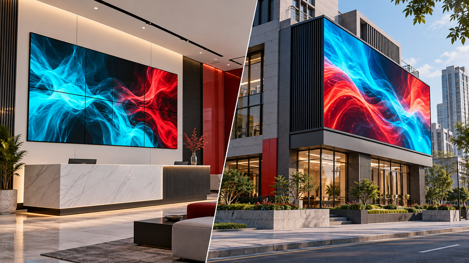 Concept illustration of an indoor LED video wall and an outdoor LED billboard